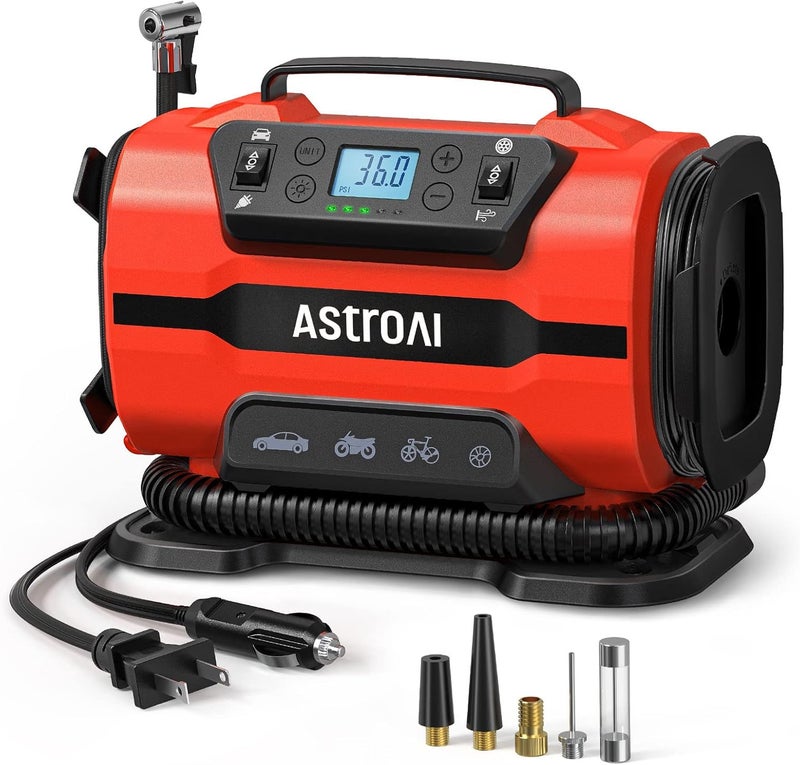 AstroAI مضخة هواء محمولة لضغط الإطارات 150 PSI 12V DC/110V AC مع محركات معدنية مزدوجة وضوء LED، ملحقات سيارات، وضعين للإطارات والسيارات والدراجات الهوائية والمطاطيات، أحمر - Image 1